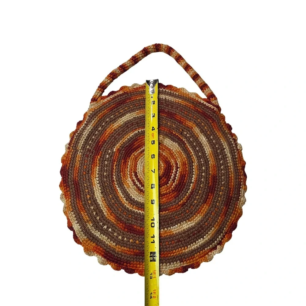 Vintage Handmade Crochet Circle Bag Orange Brown Spiral Round Tote Boho Lined G1